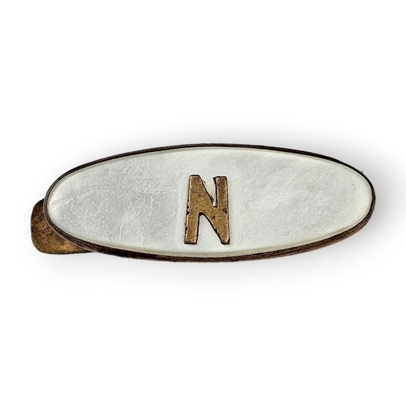 Antique Jewelry - Antique N Initial Lingerie Clip Brass Mother Of Pearl Art Deco Oval 1920s 1.25"